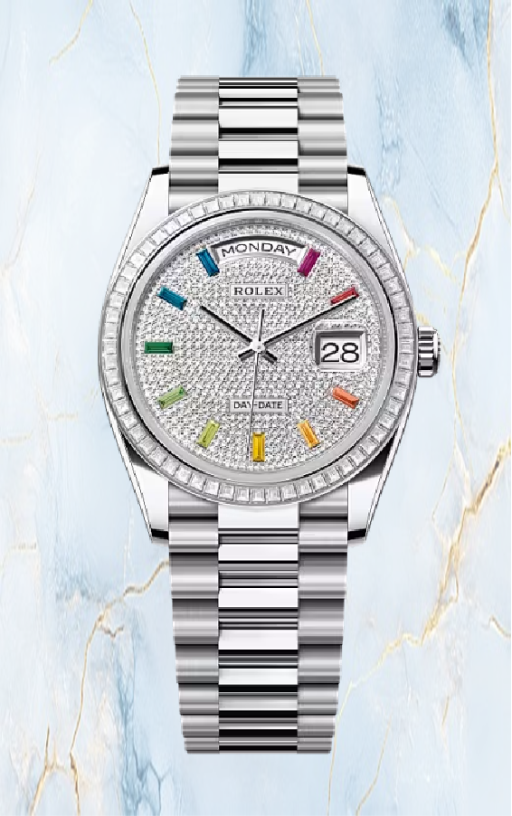 Oyster Perpetual Day Date Rainbow Sapphire Hour Markers 36